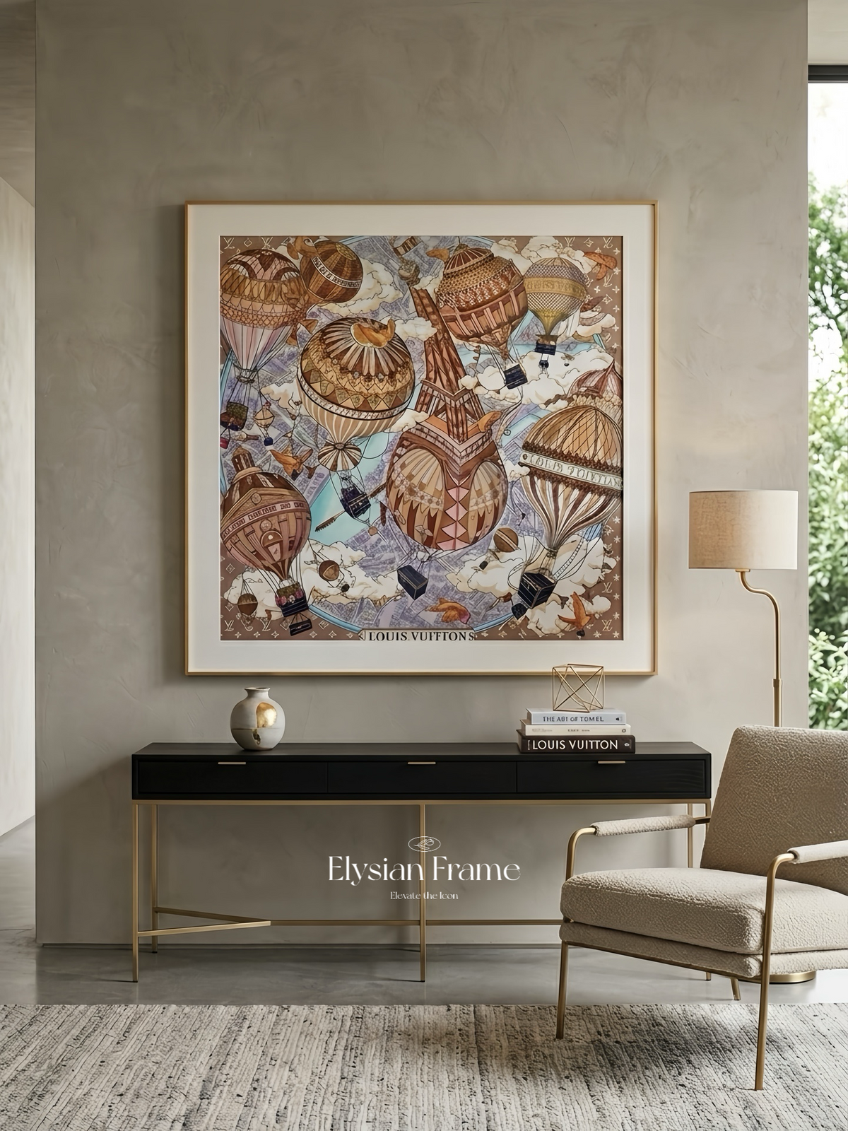 Silk scarf frame with gold couture patterned matting displaying a luxury Hermes silk scarf, wall-mounted display for scarf 90.
