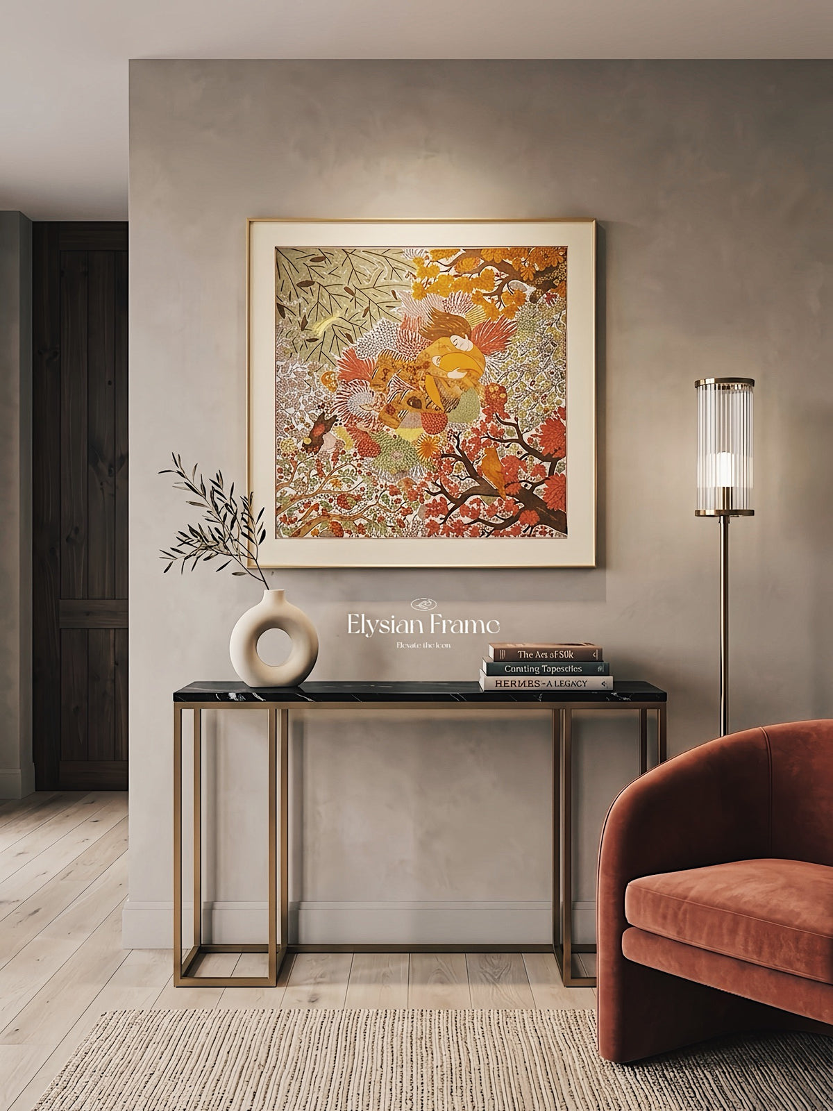 Silk scarf frame with couture gold patterned matting displaying a luxury Hermes silk scarf on a wall display.