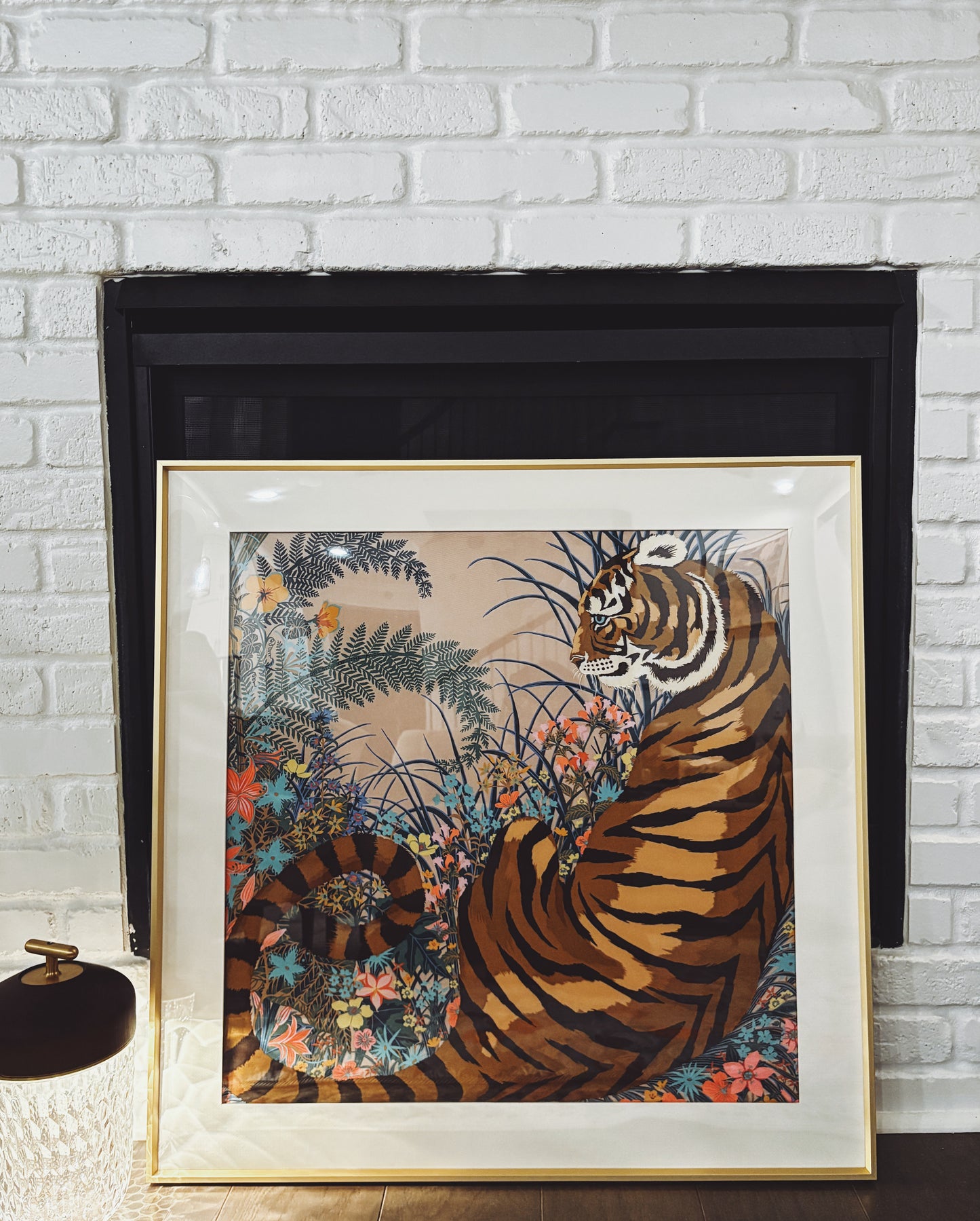 Elegant silk scarf frame with gold couture patterned matting, designed for displaying Hermes scarves stylishly on walls.