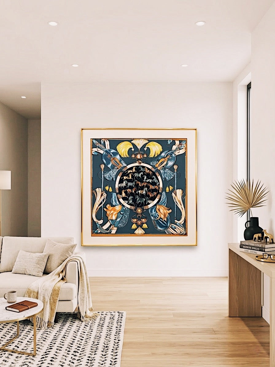 Hermes silk scarf displayed in a Rose Gold Scarf Frame with couture patterned matting, highlighting luxury scarf framing.