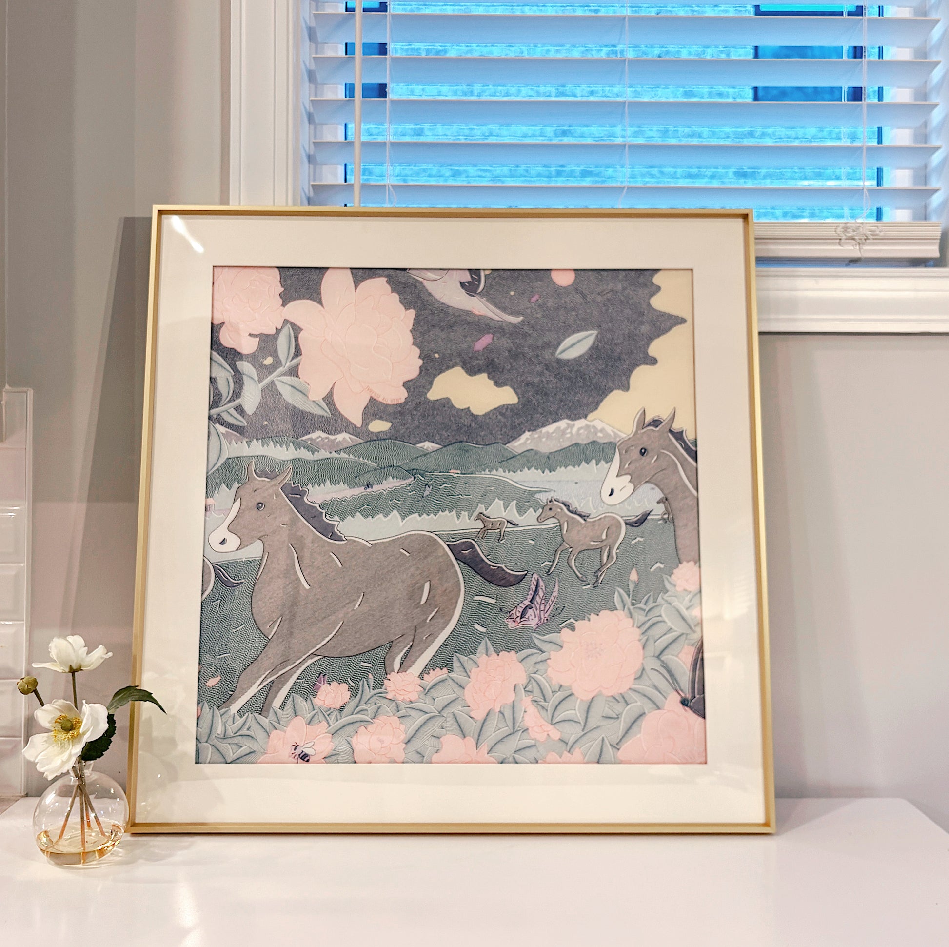 Luxury silk scarf frame with gold couture-patterned matting, designed to elegantly display an Hermes scarf on a wall.