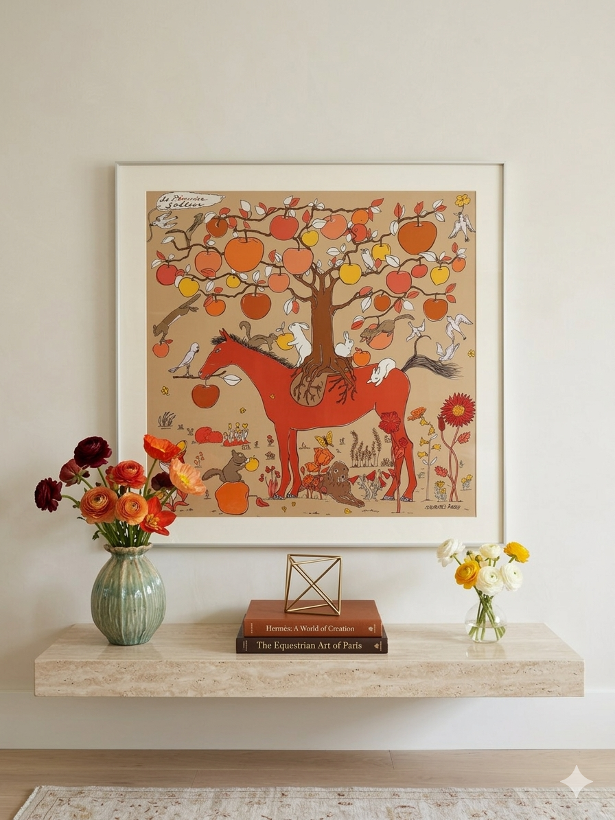 Silk scarf frame with couture patterned silver matting displaying an Hermes scarf, wall-mounted luxury scarf display frame.