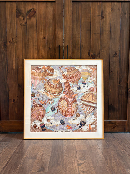 Silk scarf frame with couture patterned matte white matting, designed to display Hermes silk scarves elegantly.