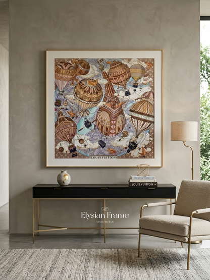 Silk scarf frame with gold couture patterned matting displaying a luxury Hermes silk scarf, wall-mounted display for scarf 90.