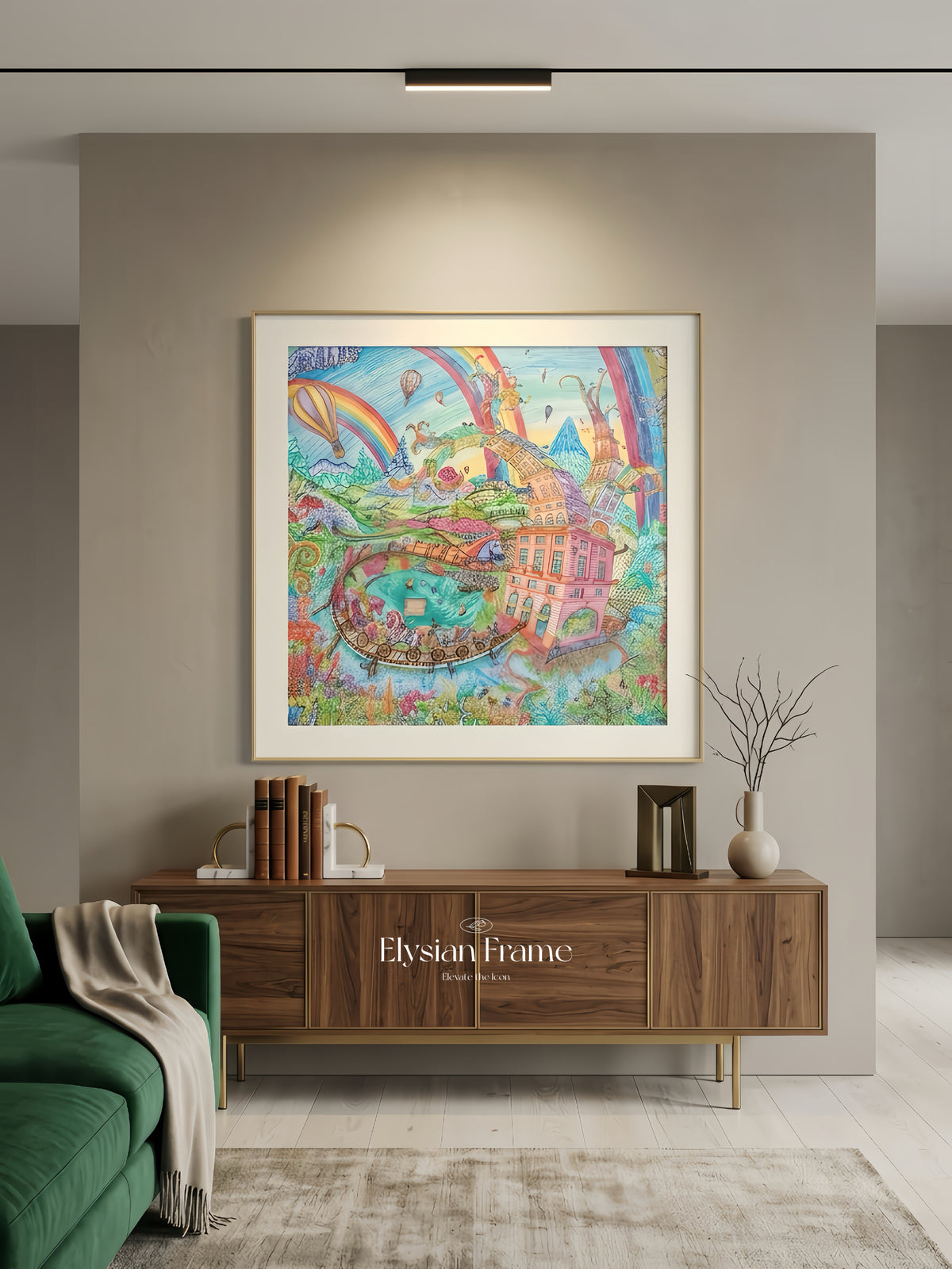 Silk scarf frame with couture gold patterned matting for Hermes or luxury scarves, displayed on wall in elegant fashion.