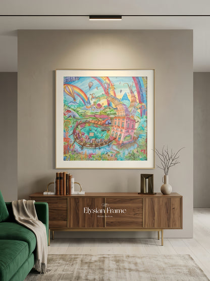 Silk scarf frame with couture gold patterned matting for Hermes or luxury scarves, displayed on wall in elegant fashion.