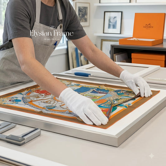 Elysian Frame white silk scarf framed as a decorative wall art piece, showcasing elegant textile framing.