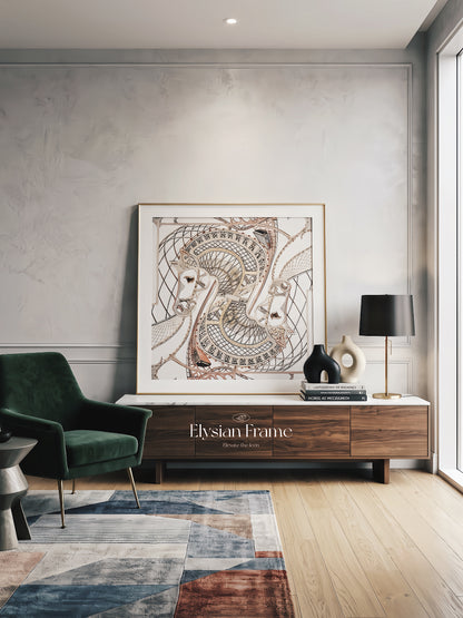 Silk scarf frame with gold couture patterned matting displaying a Hermes silk scarf on a wall display.
