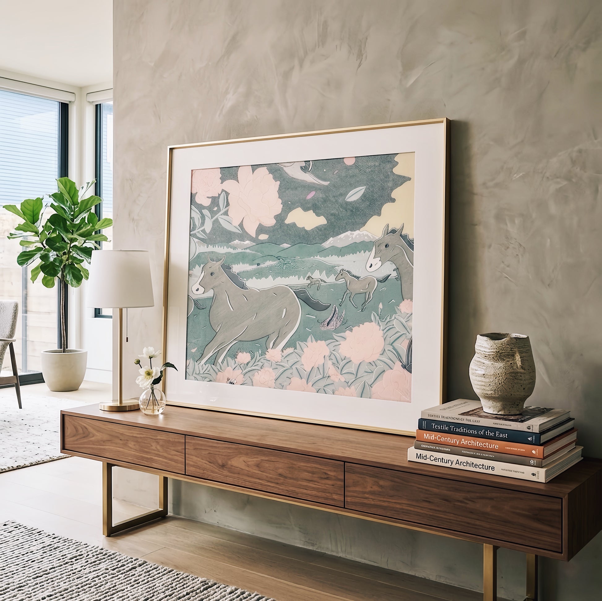 Luxury silk scarf frame with gold couture patterned matting, designed to display Hermes or other high-end scarves elegantly.