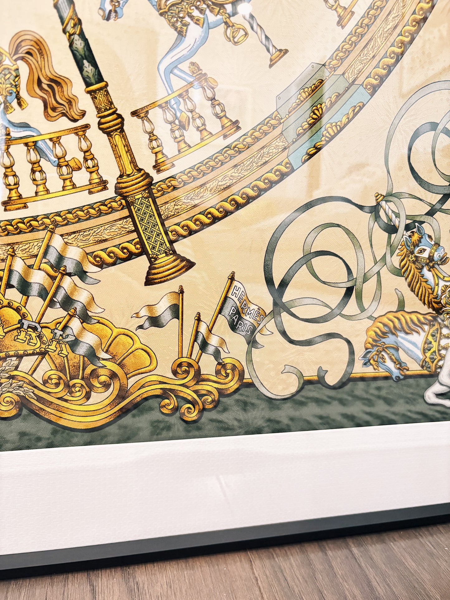Luxury black silk scarf frame with couture patterned matte matting, designed to display Hermes scarves elegantly on wall.