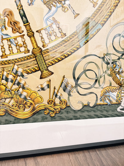 Luxury black silk scarf frame with couture patterned matte matting, designed to display Hermes scarves elegantly on wall.