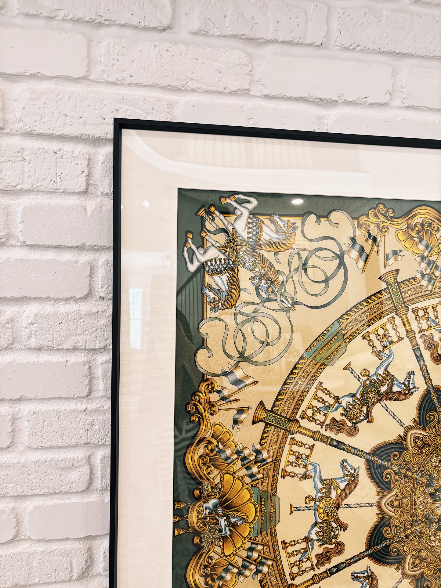 Luxury black silk scarf frame with couture patterned matting, designed to display Hermes or other designer scarves elegantly.