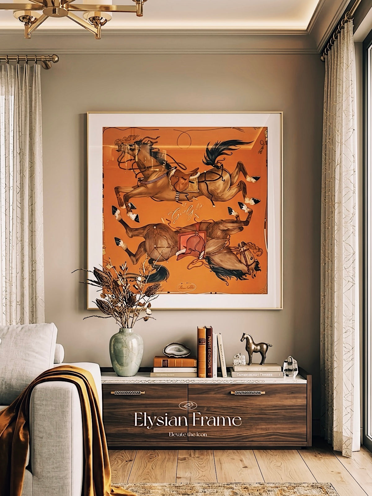 Silk Scarf Frame 90 in Soleil Royale gold by My Store, showcasing a luxurious silk scarf display with elegant framing.