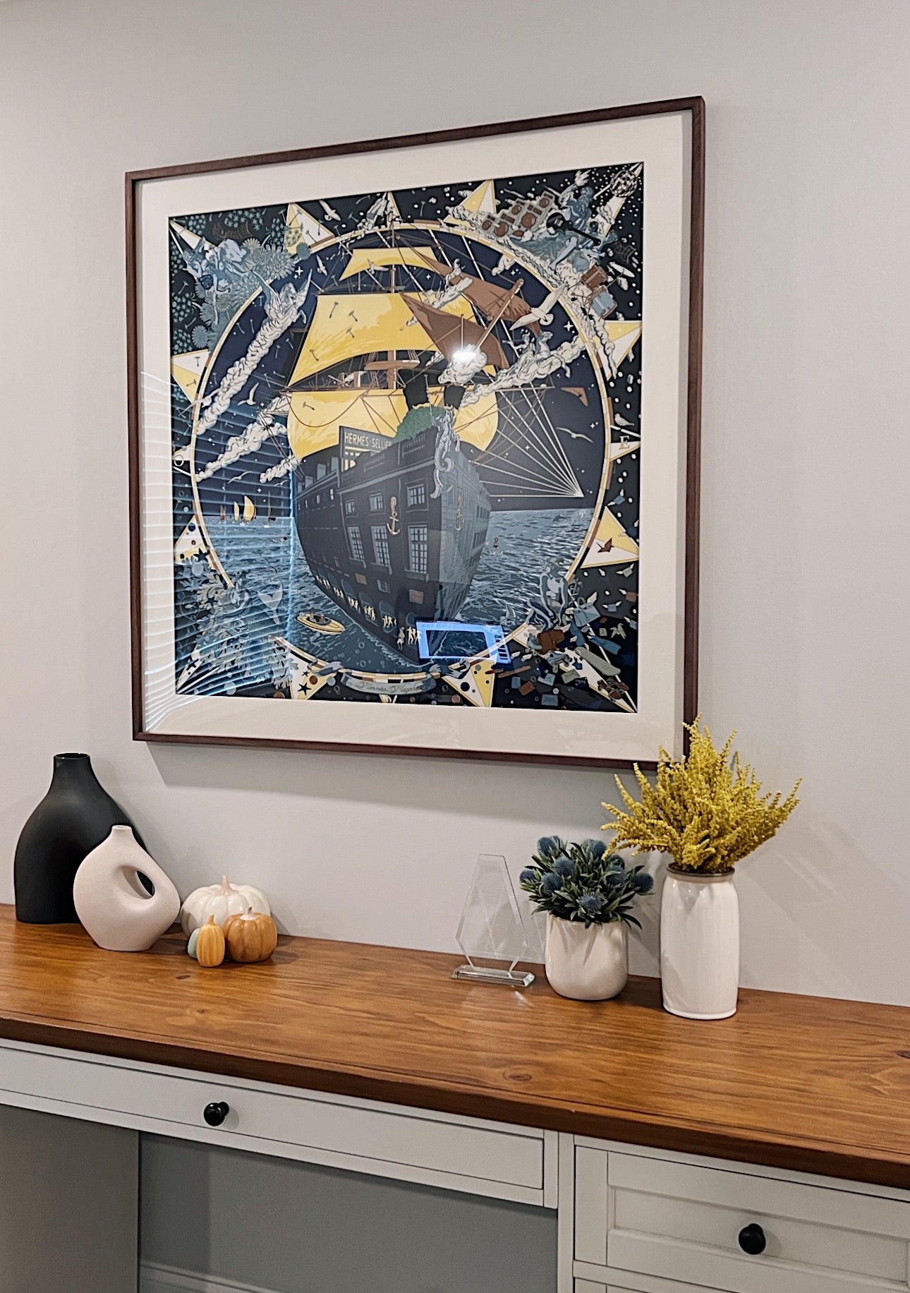 100 X 100 cm Signature Scarf Frame with Couture Pattern Matting - Wood (Monarch Walnut) - Elysian Frame