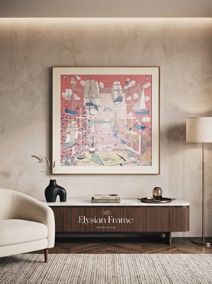 Silk scarf frame with couture patterned purple gold matting, designed to display Hermes silk scarves elegantly on a wall.