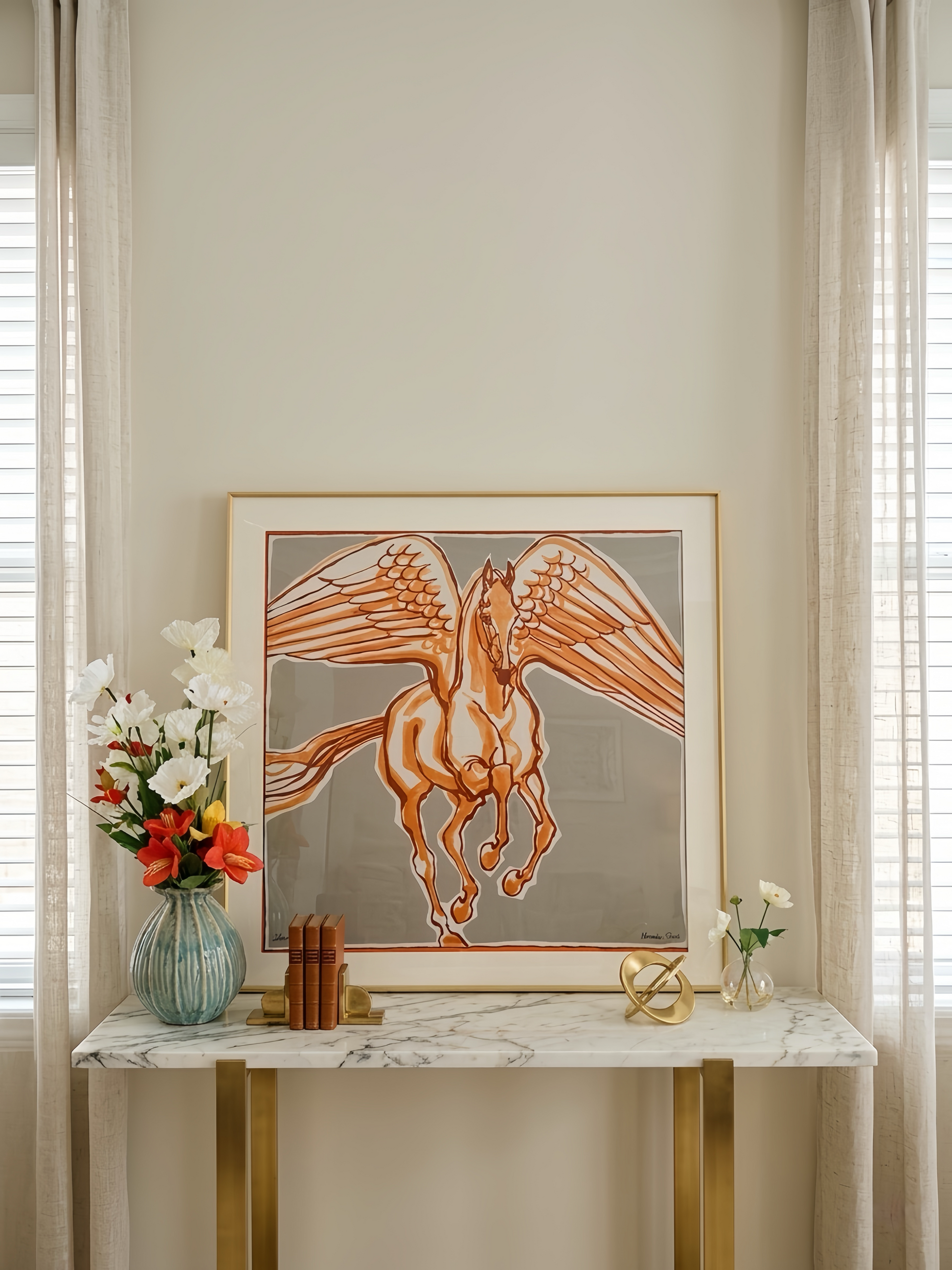 Luxury Hermes silk scarf frame with gold couture patterned matting, designed for displaying and framing scarves elegantly.