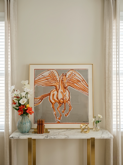 Luxury Hermes silk scarf frame with gold couture patterned matting, designed for displaying and framing scarves elegantly.