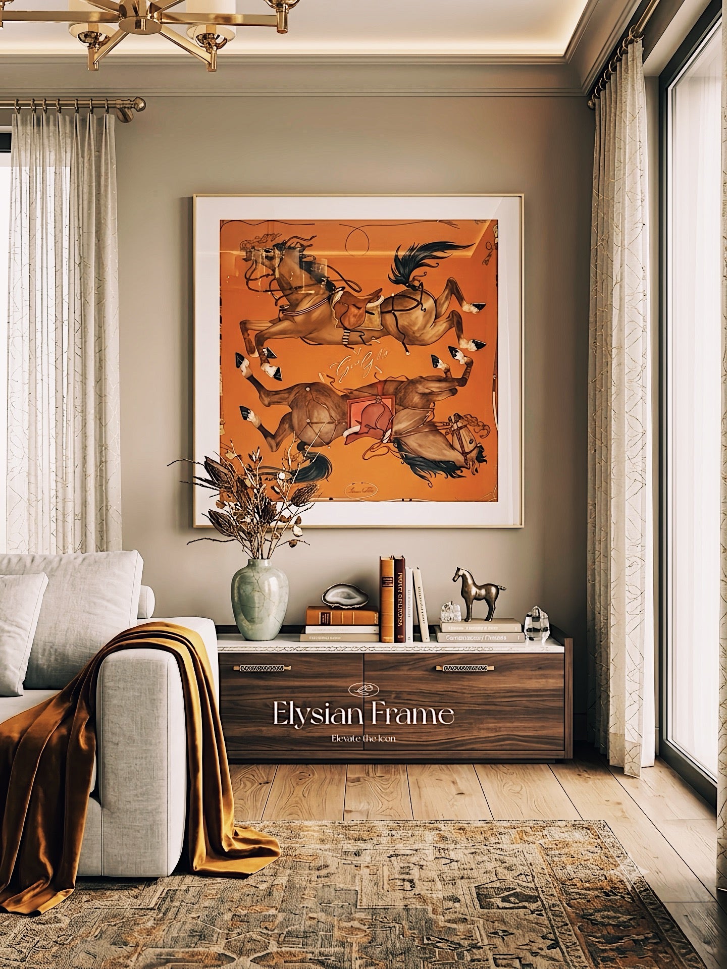 Silk Scarf Frame | Scarf Frame 90 | Display Wall Frame for Scarf 90 | Frame an Hermes Scarf | Luxury Scarf Frame | Scarf Frame with Couture Patterned Matting in Gold (Soleil Royale)