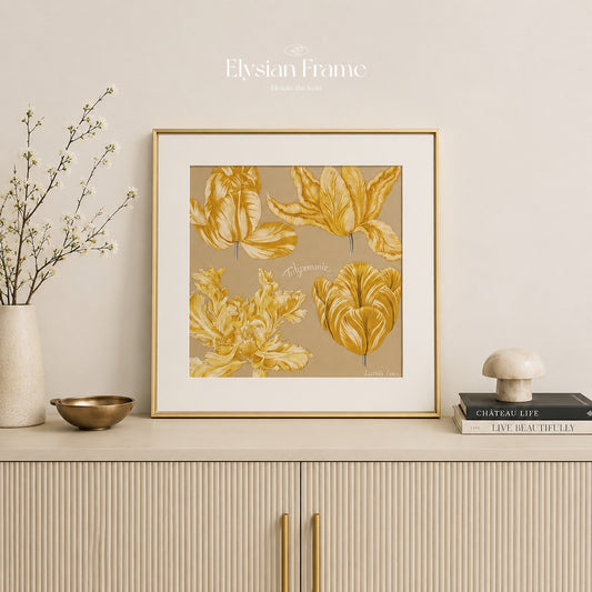 Gold silk scarf frame with intricate detailing, designed to display a silk scarf beautifully, perfect for elegant home decor.