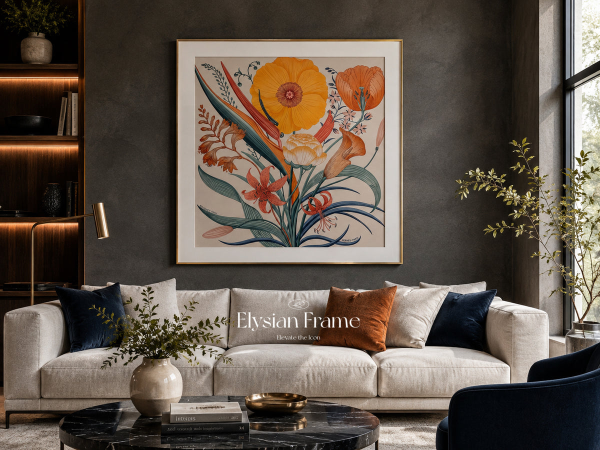 Gold silk scarf frame by Soleil Royale displayed in a stylish frame, showcasing a luxurious silk scarf design.
