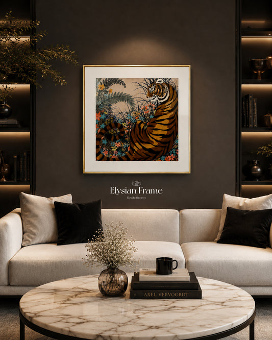Gold silk scarf frame from Soleil Royale displayed in a stylish silk scarf frame by My Store.