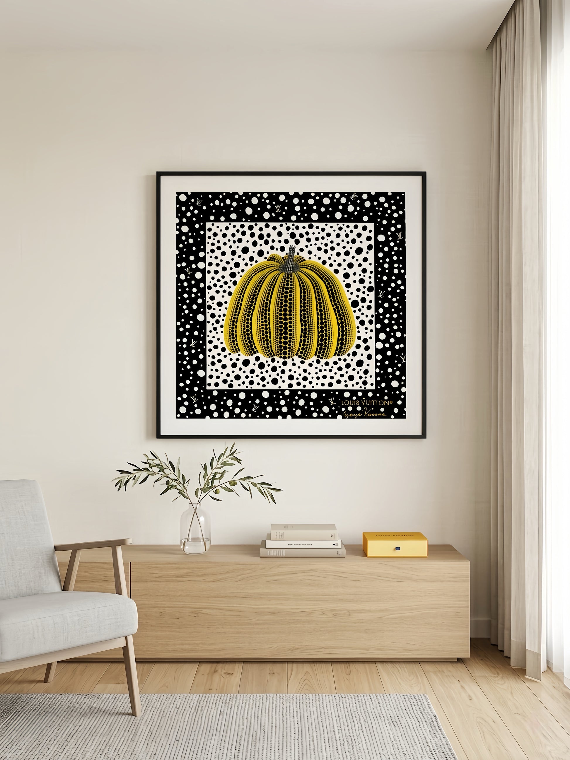 Luxury black silk scarf frame with couture patterned matte matting, designed to elegantly display Hermes scarves on wall or tabletop.