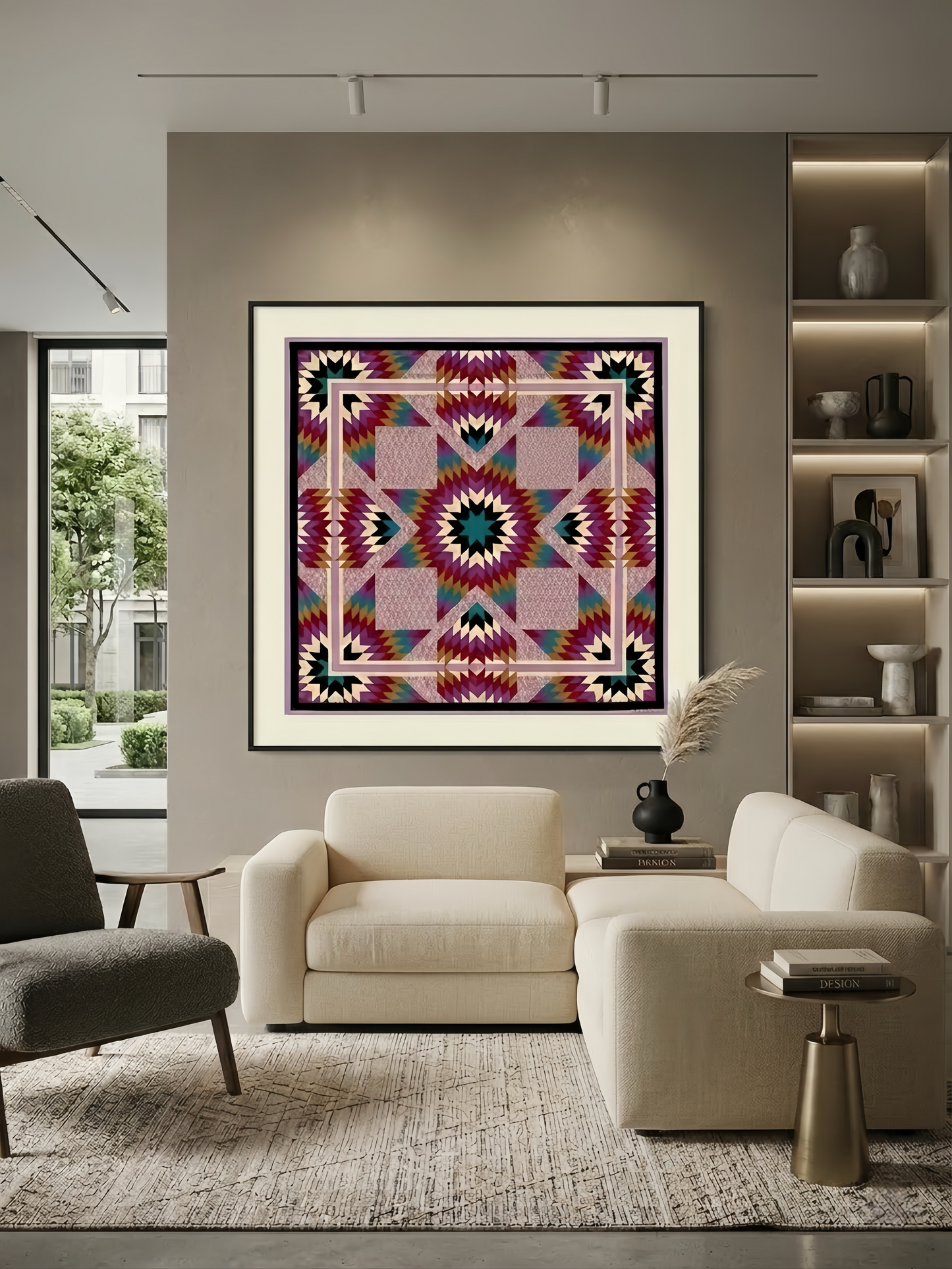 Luxury black silk scarf frame with couture patterned matting for Hermes scarves, wall display frame for 90-inch scarves.