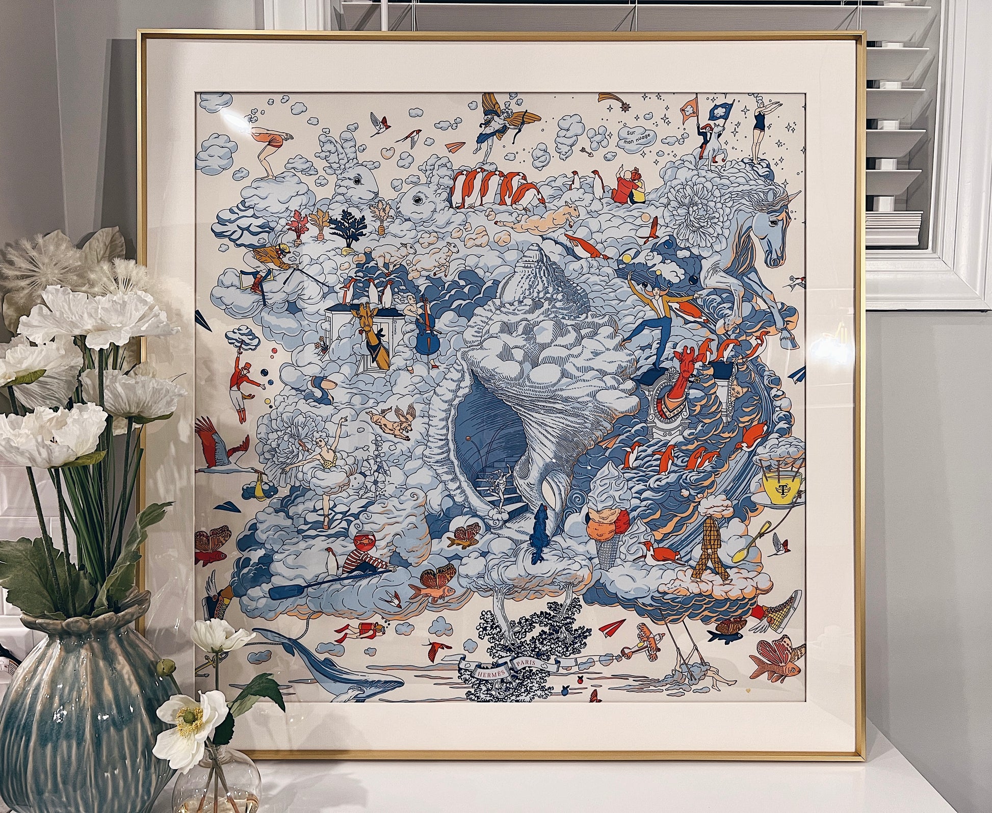 Hermes Sur Mon Nuage scarf framed in gold by Elysian Frame, showcasing the elegant design and luxurious silk fabric.