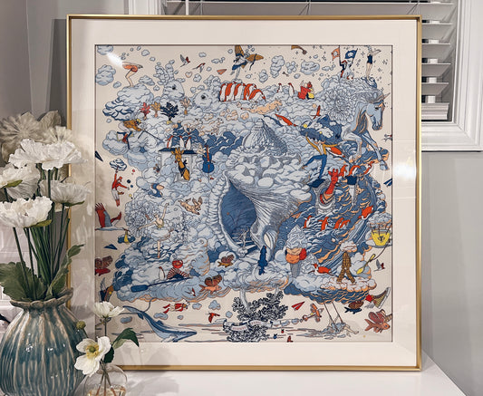 Hermes Sur Mon Nuage scarf framed in gold by Elysian Frame, showcasing the elegant design and luxurious silk fabric.