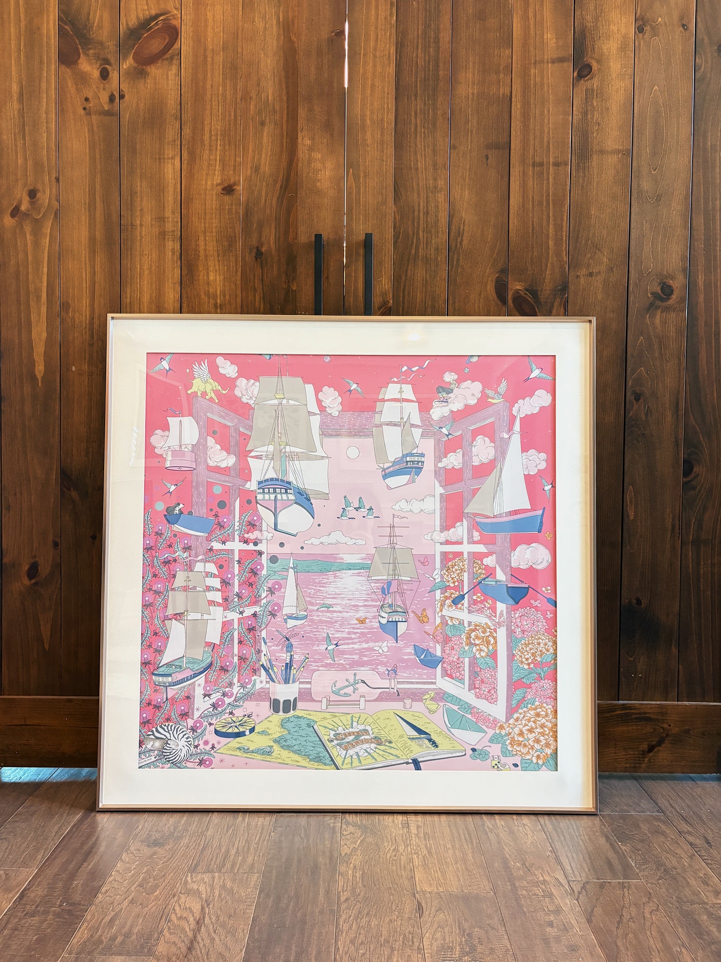 Silk scarf frame with couture purple gold patterned matting, designed to display Hermes or luxury silk scarves stylishly.