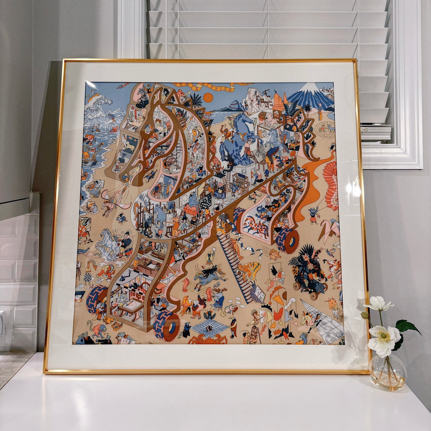 Silk Scarf Frame|Scarf Frame 90|Hermes Scarf Display Wall Frame for Scarf|Frame an Hermes Scarf with Couture Patterned Matting in Rose Gold (Rose Imperiale) - Elysian Frame