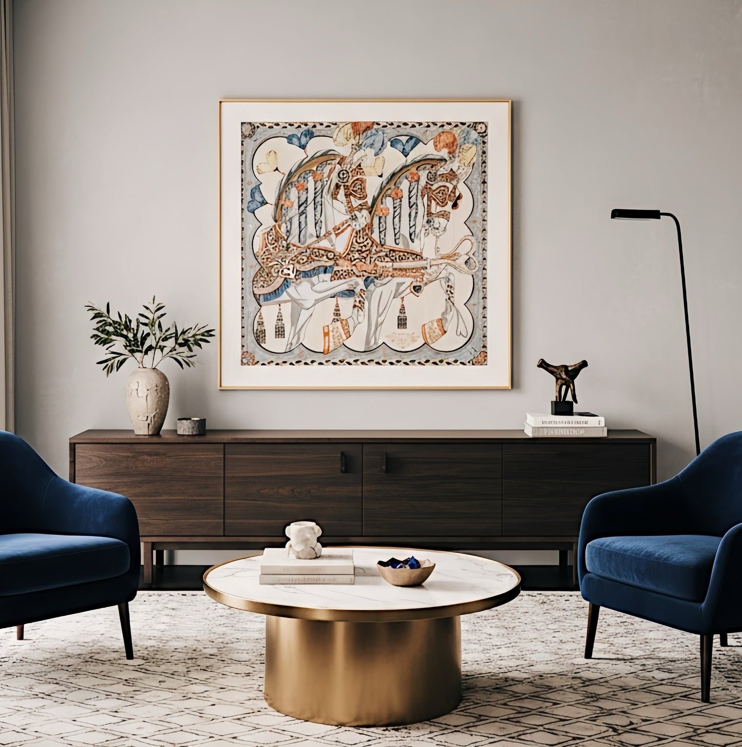 Silk Scarf Frame|Scarf Frame 90|Hermes Scarf Display Wall Frame for Scarf|Frame an Hermes Scarf with Couture Patterned Matting in Gold (Soleil Royale) - Elysian Frame