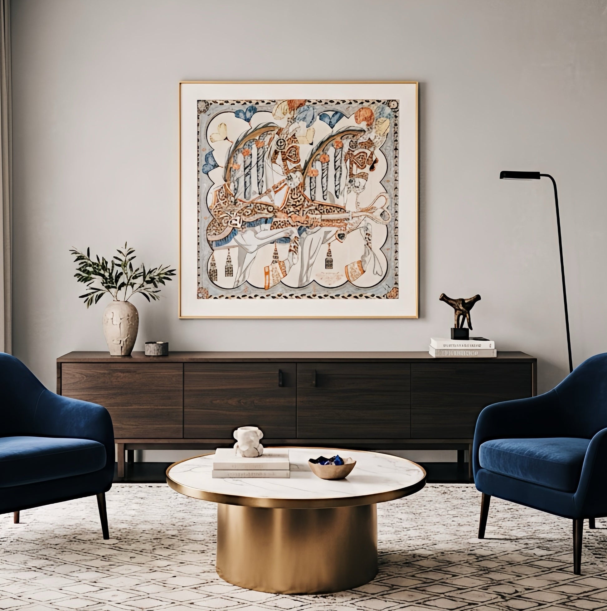 Silk Scarf Frame|Scarf Frame 90|Hermes Scarf Display Wall Frame for Scarf|Frame an Hermes Scarf with Couture Patterned Matting in Gold (Soleil Royale) - Elysian Frame