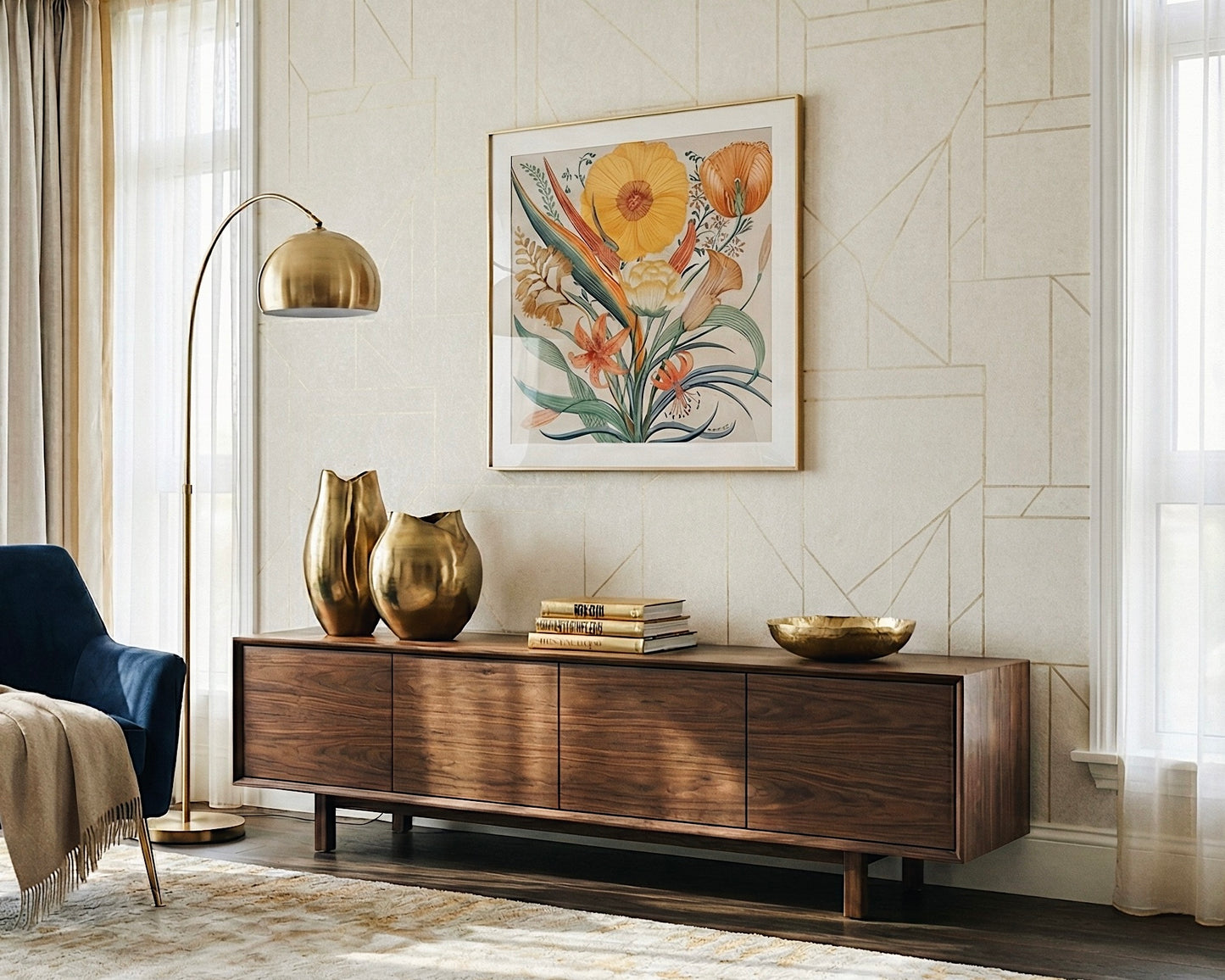 Silk Scarf Frame|Scarf Frame 90|Hermes Scarf Display Wall Frame for Scarf|Frame an Hermes Scarf with Couture Patterned Matting in Gold (Soleil Royale) - Elysian Frame