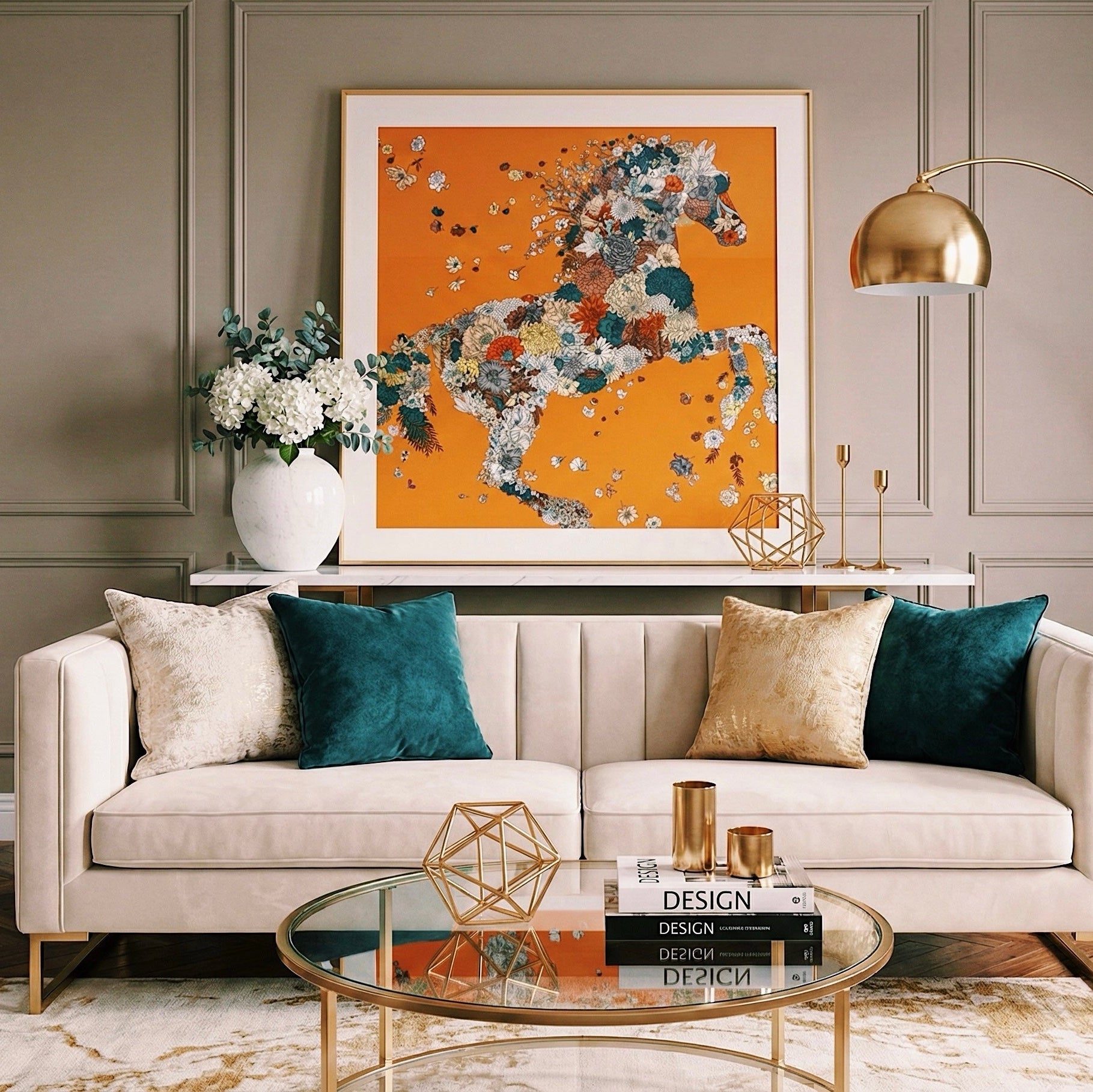 Silk Scarf Frame 90 | Luxury Hermes Scarf Wall Display with Gold Couture Matting (Soleil Royale) by Elysian Frame