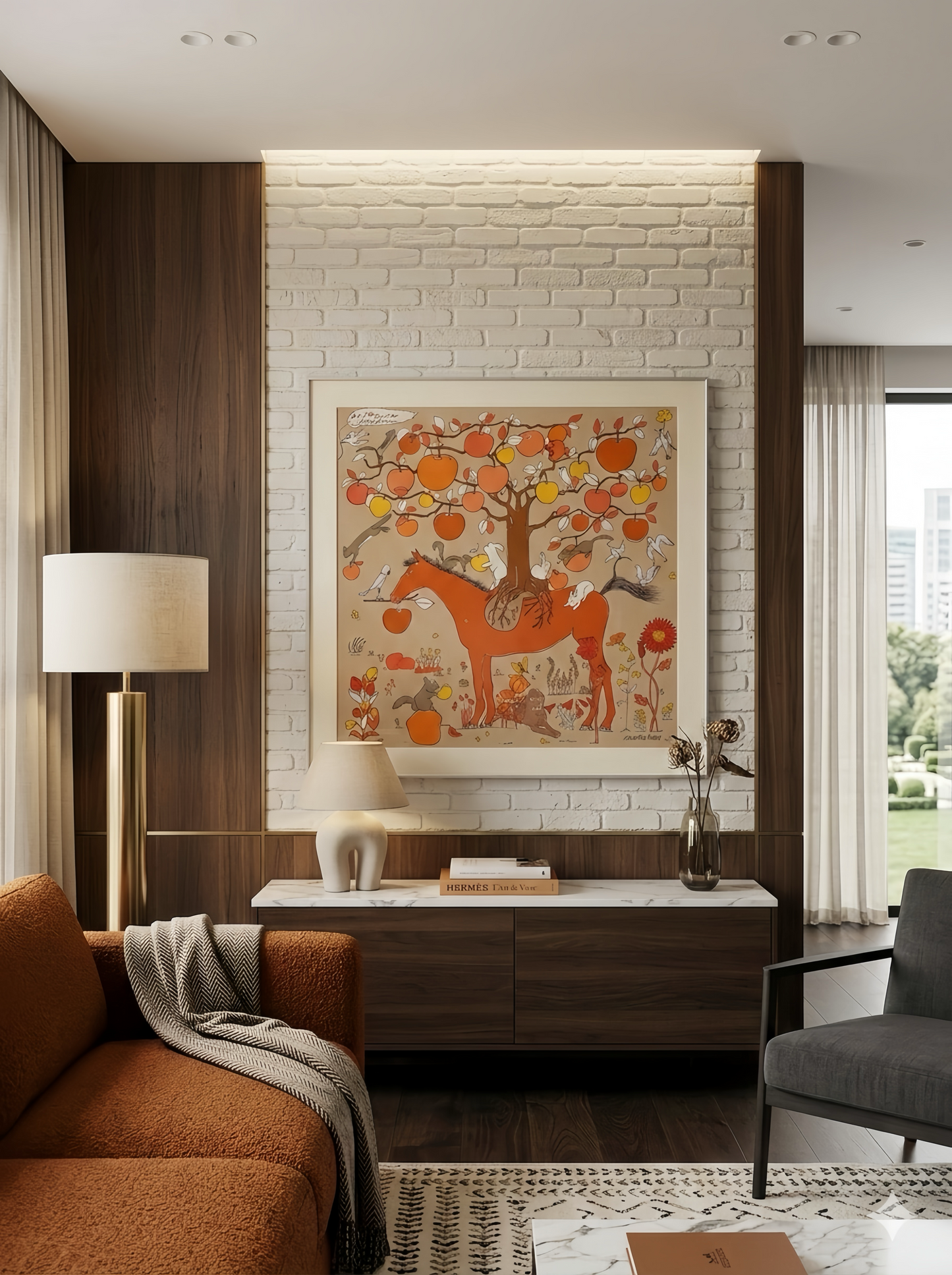 Silk scarf frame with couture patterned silver matting displaying an Hermes scarf, wall-mounted luxury scarf display frame.