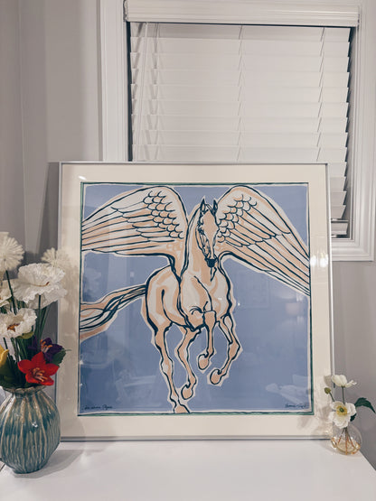 Hermes silk scarf displayed in a luxury silver scarf frame with couture patterned matting, perfect for wall display.