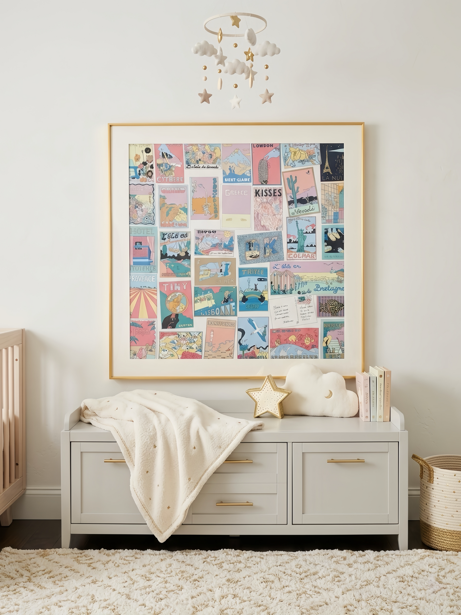 Elegant silk scarf frame with couture patterned rose gold matting, designed to display Hermes scarves stylishly on the wall.