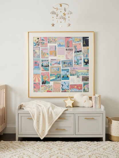 Elegant silk scarf frame with couture patterned rose gold matting, designed to display Hermes scarves stylishly on the wall.