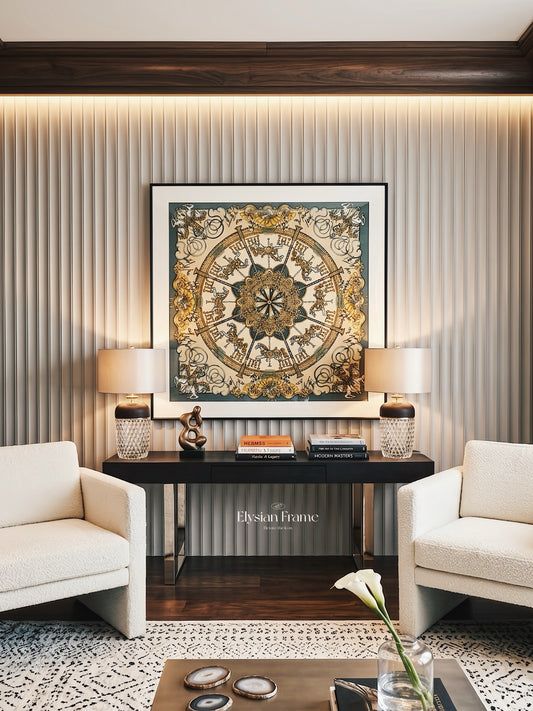 Luxury black silk scarf frame with couture patterned matte black matting, designed to display Hermes and other designer scarves.