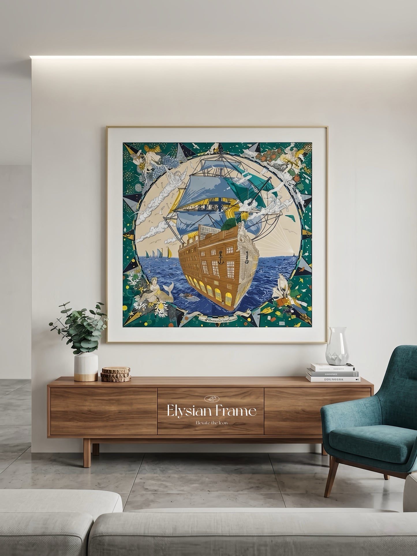 Elegant silk scarf frame for Hermes scarves with gold couture patterned matting, perfect for displaying luxury scarf designs.