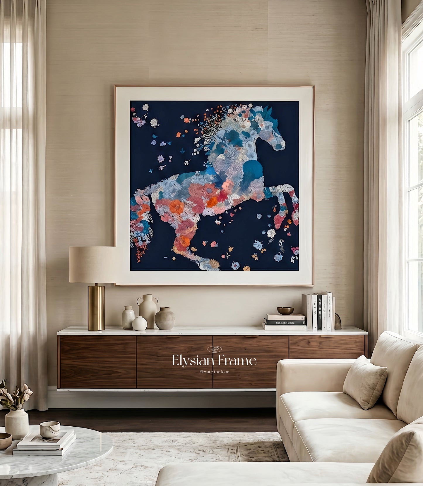 Luxury silk scarf frame for Hermes scarves, featuring couture purple gold patterned matting, ideal for wall display and preservation.