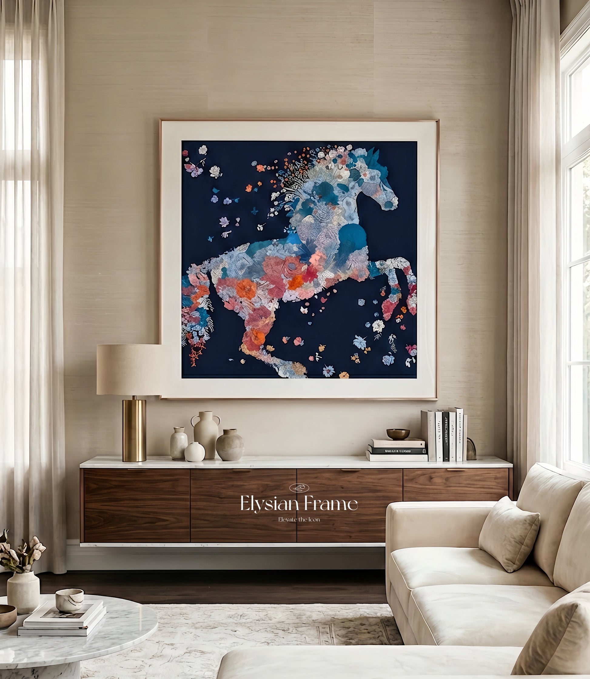 Luxury silk scarf frame for Hermes scarves, featuring couture purple gold patterned matting, ideal for wall display and preservation.