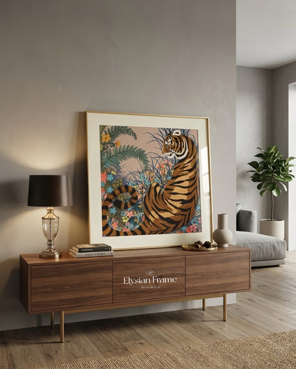 Luxury silk scarf frame with gold couture patterned matting, designed to display Hermes scarves stylishly on walls.