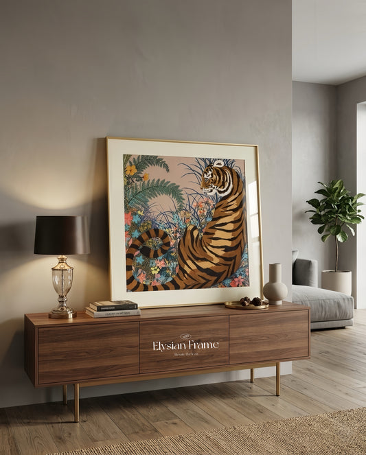 Luxury silk scarf frame with gold couture patterned matting, designed to display Hermes scarves stylishly on walls.