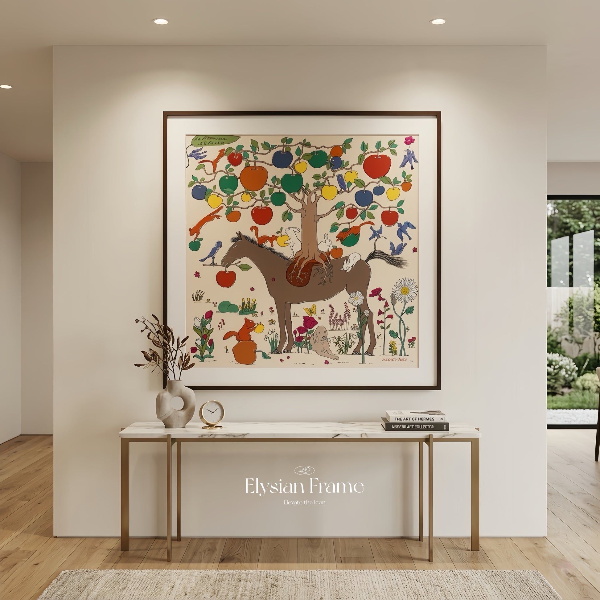 Wood silk scarf display frame with dark walnut finish, featuring couture patterned matting for Hermes or luxury scarves.