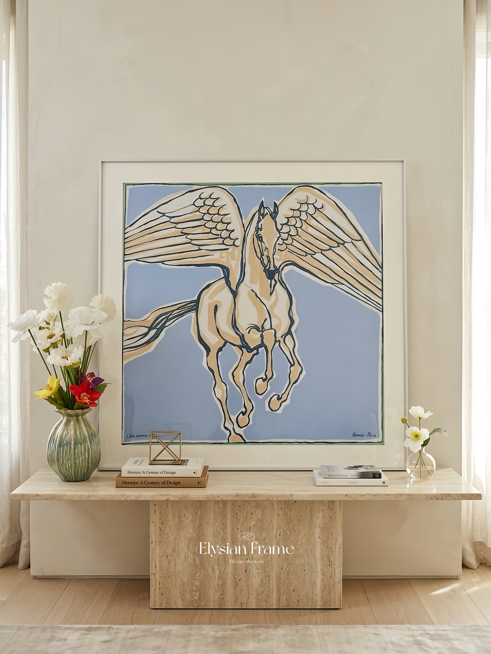Silk scarf frame displaying an Hermes scarf with couture patterned silver matting in a stylish wall display frame.